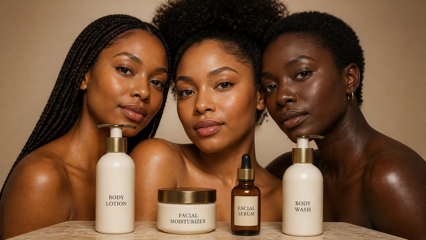 Three women with glowing skin beside body lotion, facial moisturiser, facial serum and body wash