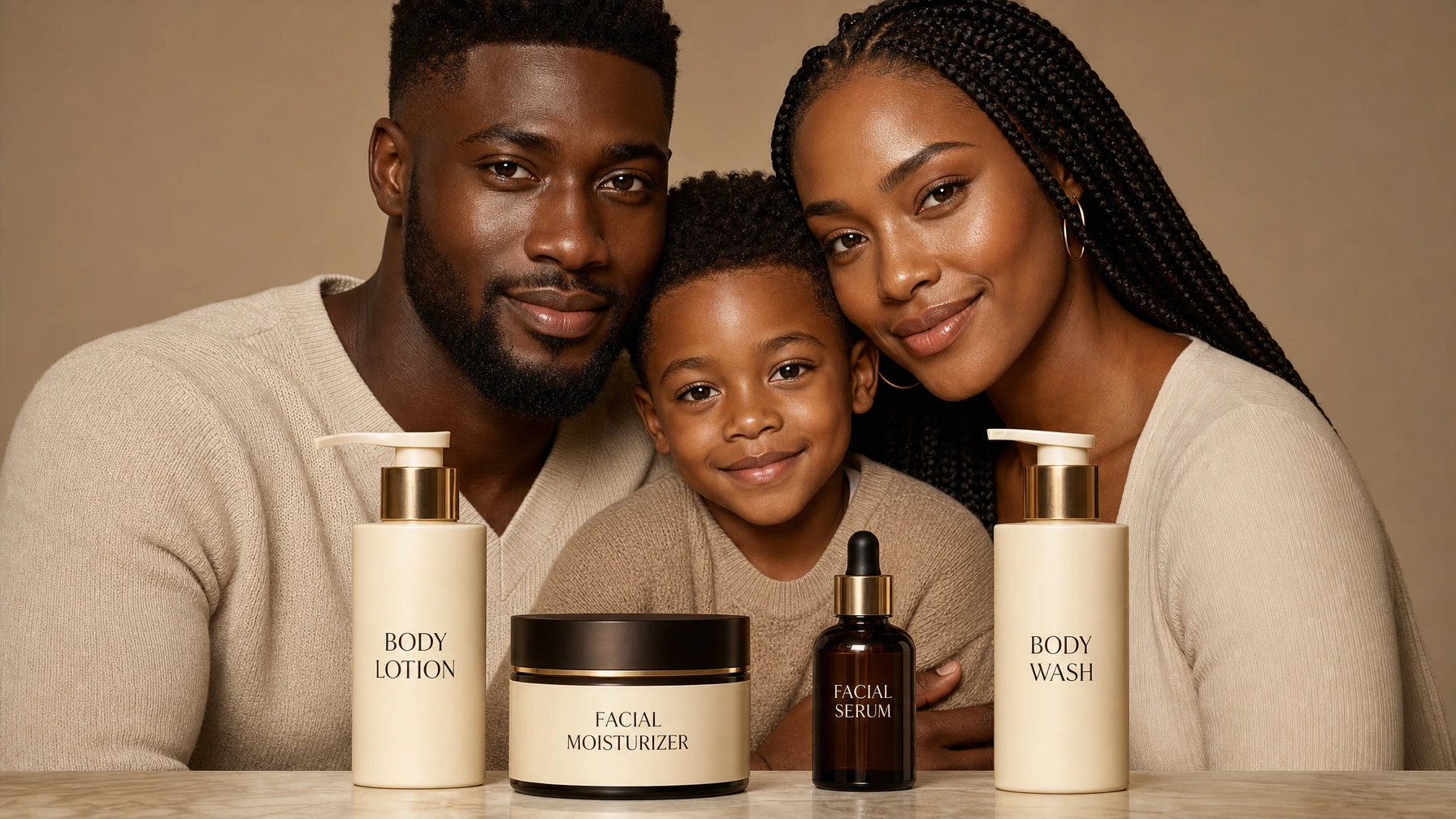A family with glowing skin beside the four House of BKN essentials